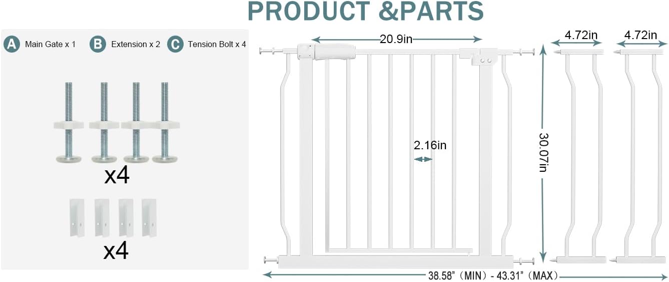 Extra Wide Baby Gate Tension Indoor Safety Gates Black Metal Large Pressure Mounted Pet Gate Walk Through Long Safety Dog Gate for The House Doorways Stairs (62.2"-66.93"/158-170CM, Black)
