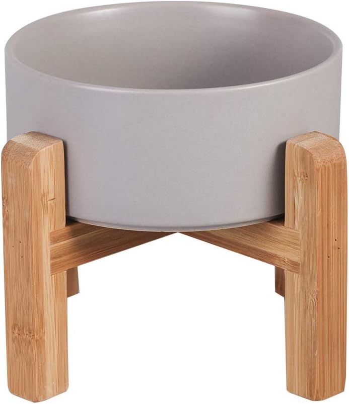 Elevated Ceramic Cat Bowl - Cat Food Bowl with Bamboo Stand - Raised Dog Dish for Puppies - Anti Vomiting, Stress Free - 13.5 oz / 400 ml - White