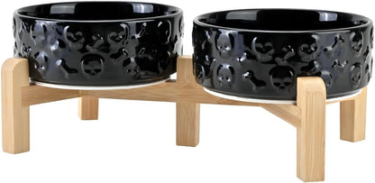 SPUNKYJUNKY Elevated Dog Bowls Ceramic, 6.1'' Dogs and Cat Food Water Bowls Raised with Non-Slip Bamboo Stand for Medium Sized Breed Microwave Dishwasher Safe - 28.7 OZ,Beige