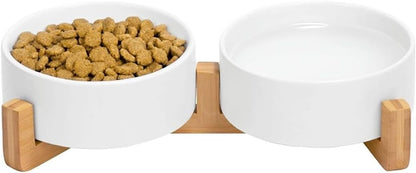 Ceramic Cat and Small Dog Bowl Set – Modern Indoor Small Size Pet Food and Water Bowls with Wood Stand – Non Slip Puppy Sized Feeding Station with Double Dishes (Gray)