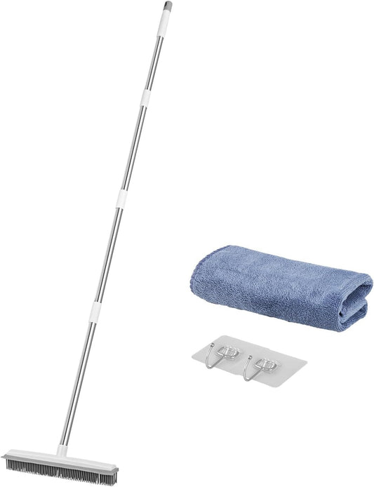 Happybuy Pet Hair Removal Broom, 58.46 in Adjustable Long Handle, Reusable Carpet Rake with Built-in Squeegee for Dog & Cat Hair