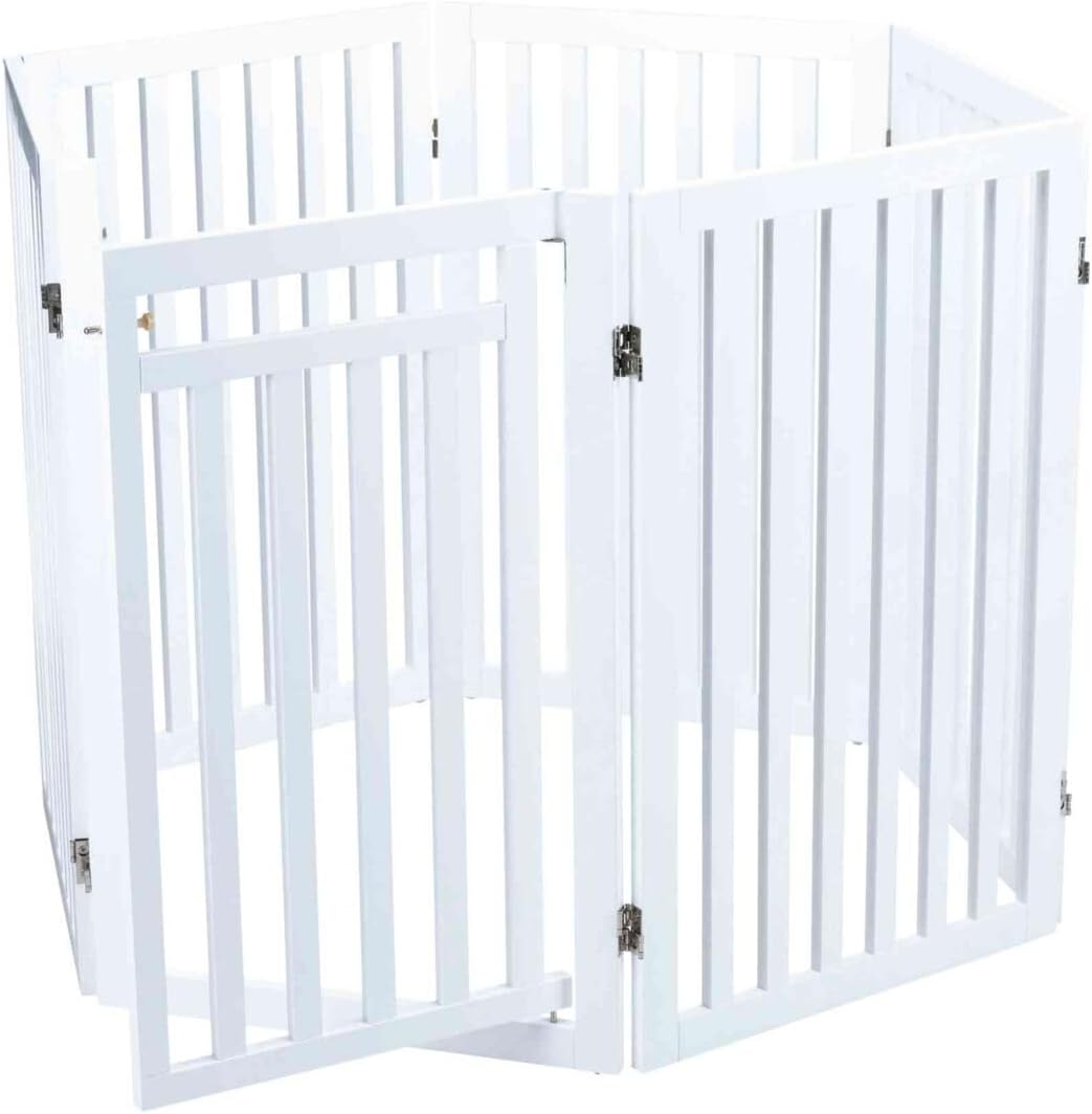 Trixie Freestanding 4-Panel Pet Gate, 31.5-in Tall Foldable Indoor Dog Barrier Fence, 81.2-in Max Width with Walk-Thru-Door, White