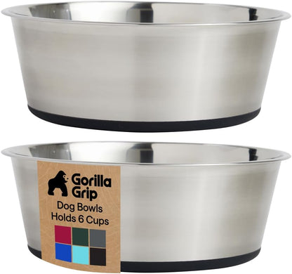 GORILLA GRIP Dog Bowls, Food Grade 304 Stainless Steel, Holds 2 Cups Each (16 fl oz) Food and Water Bowl for Feeding Dogs and Cats, Dishwasher Safe, Rust Resistant, BPA Free Rubber Base Set of 2 Black
