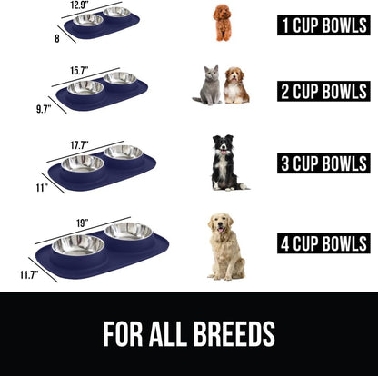 GORILLA GRIP Feeding Mat Set, Patent Pending 100% Waterproof BPA Free Silicone, Stainless Steel Cat and Dog Bowls, Slip Resistant, 1 Black mat/tray with 2 stainless steel bowls