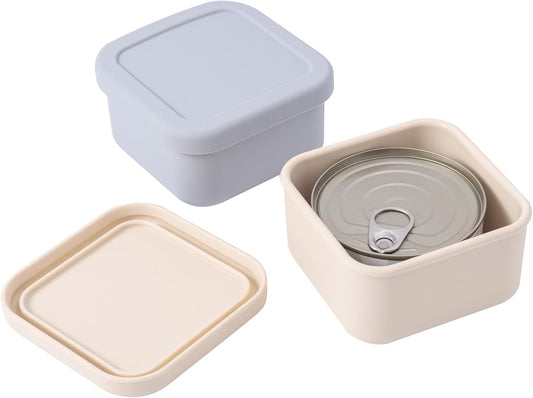 SLSON Cat Can Cover 5.5 oz Canned Food Storage Container, 2Pack Silicone Can Sealer with Airtight Lids Compatible with 5.5oz Friskies & 3.5oz Cesar Pet Cans for Fridge to Keep Fresh (Beige and Grey)