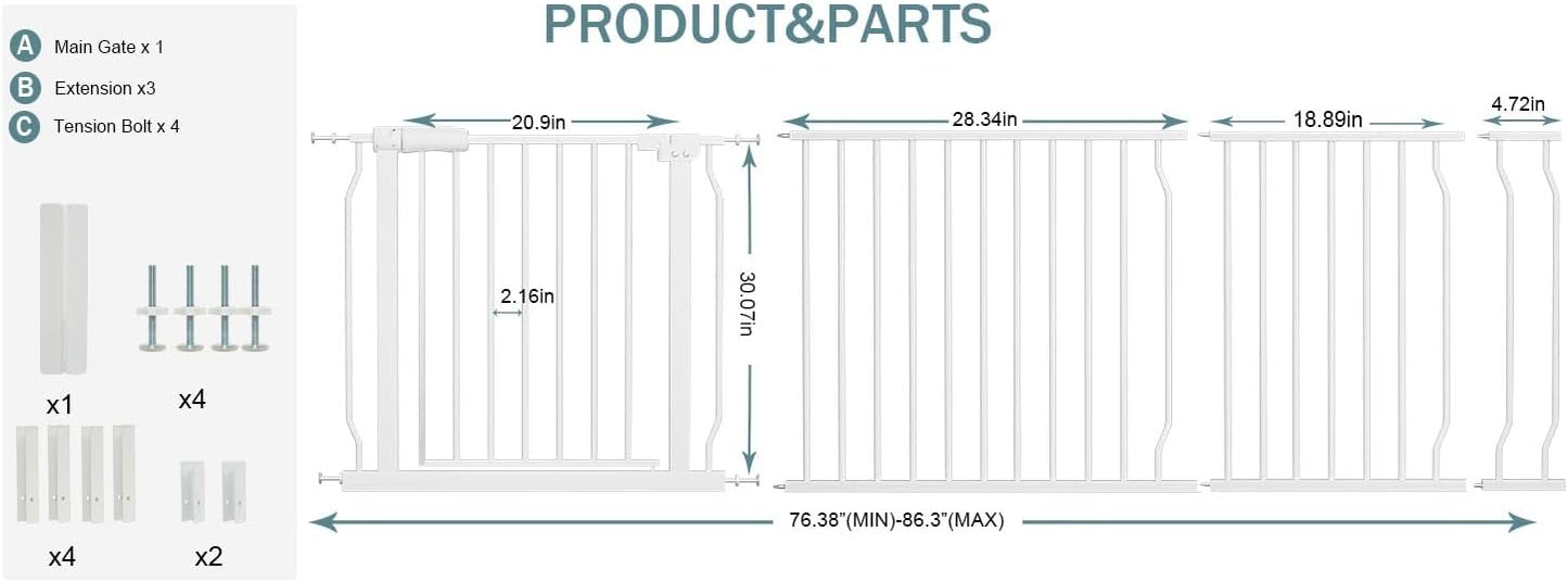 Extra Wide Baby Gate Tension Indoor Safety Gates Black Metal Large Pressure Mounted Pet Gate Walk Through Long Safety Dog Gate for The House Doorways Stairs (62.2"-66.93"/158-170CM, Black)
