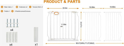 Baby Gates Extra Wide for Large Opennings with Door Pressure Mounted 90.6-95.2 Inch Extra Wide Baby Gate Dog gate for Doorways Indoor Metal Gate No Drilling with Walk-Through Door,White