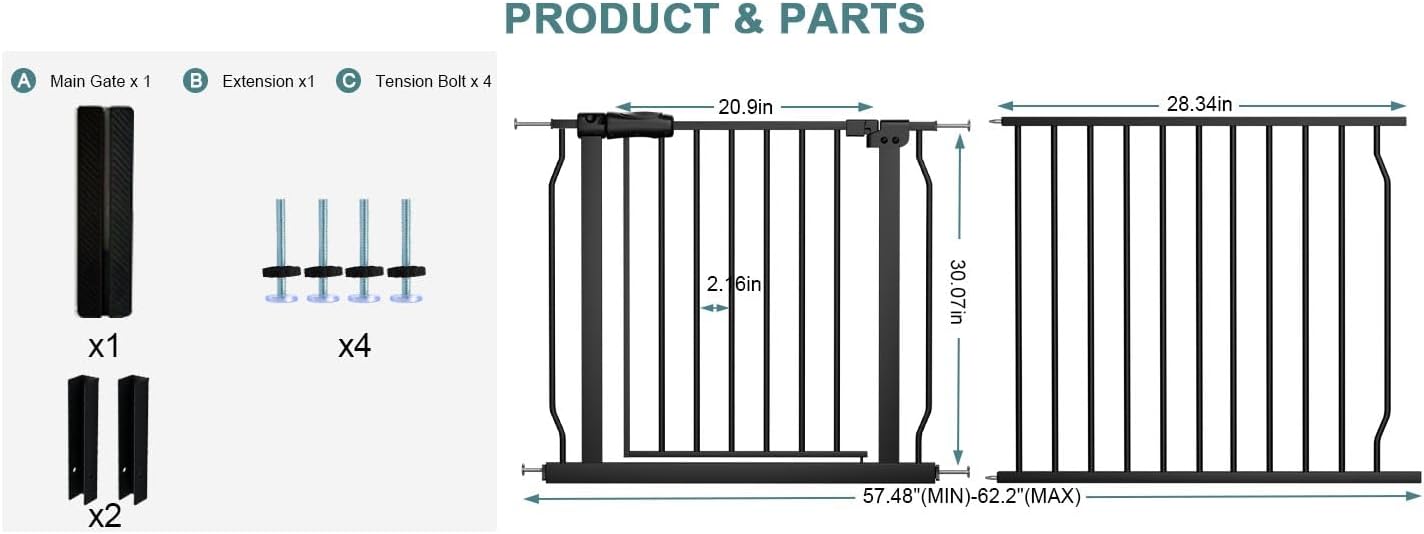 Extra Wide Baby Gate Tension Indoor Safety Gates Black Metal Large Pressure Mounted Pet Gate Walk Through Long Safety Dog Gate for The House Doorways Stairs (62.2"-66.93"/158-170CM, Black)