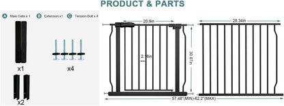 Extra Wide Baby Gate Tension Indoor Safety Gates Black Metal Large Pressure Mounted Pet Gate Walk Through Long Safety Dog Gate for The House Doorways Stairs (62.2"-66.93"/158-170CM, Black)