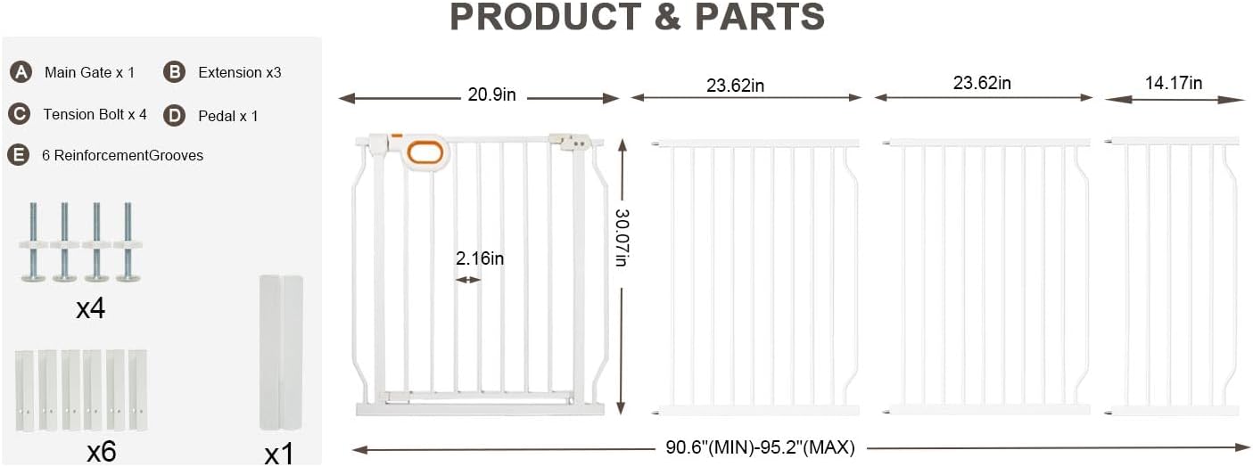 Baby Gates Extra Wide for Doorways 90.6-95.2 Inch Extra Wide Pressure Mounted Baby Dog Gate for the House Indoor Large Openning Metal Safety Gate No Drilling with Walk-Through Door,Black