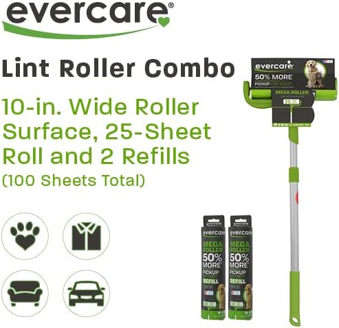 Evercare 10-Inch Mega All-Purpose Pet Hair Lint Roller Refill, 50 Sheets – Sticky Roller for Pet Hair, Cat & Dog Hair Remover, Lint Remover, Pet Hair Remover for Furniture, Clothing & Cars