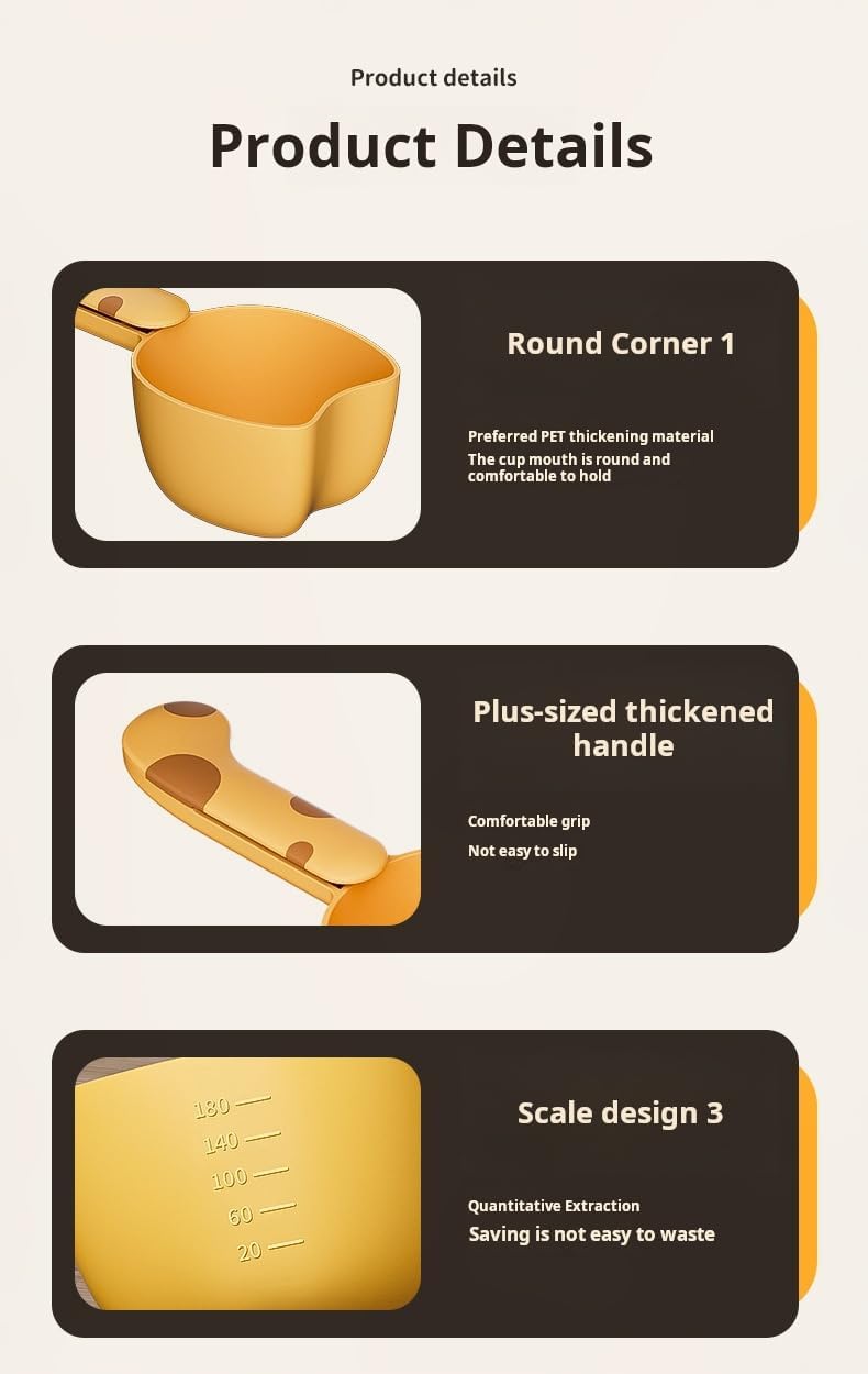 Pet Food Scoop with Measuring Scale, Long Handle Rice Scoop with Bag Clip, Multi-Purpose Measuring Cup for Dog Food, Cat Food, Rice, Grain, Kitchen Storage Scoop (Yellow)