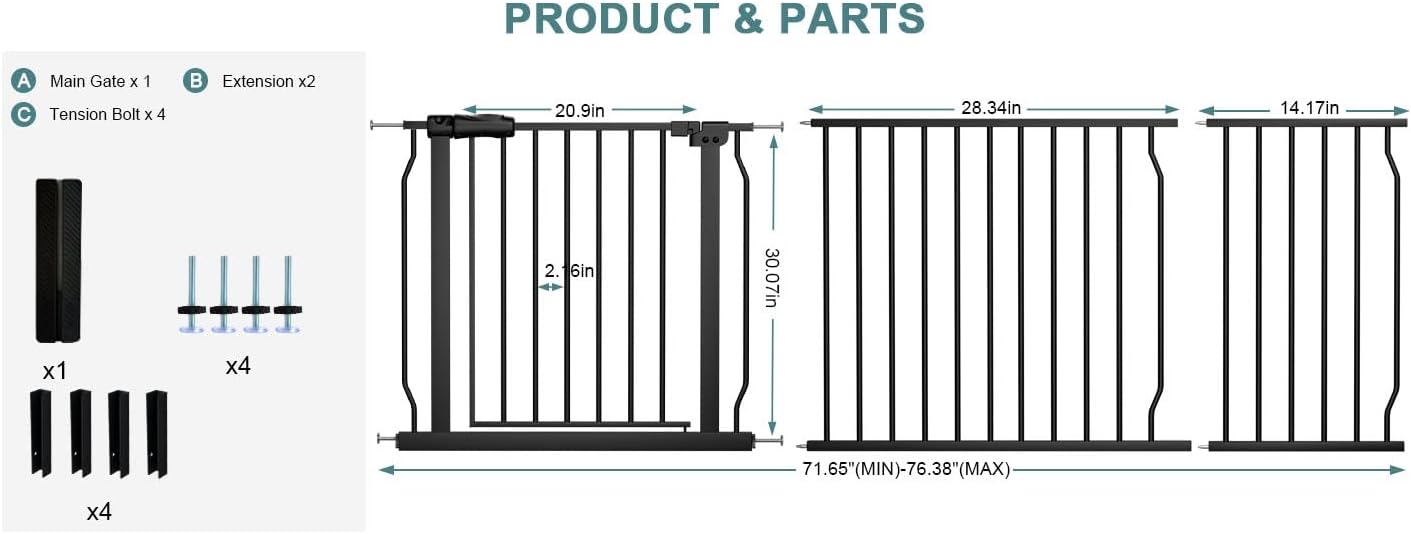 Extra Wide Baby Gate Tension Indoor Safety Gates Black Metal Large Pressure Mounted Pet Gate Walk Through Long Safety Dog Gate for The House Doorways Stairs (62.2"-66.93"/158-170CM, Black)