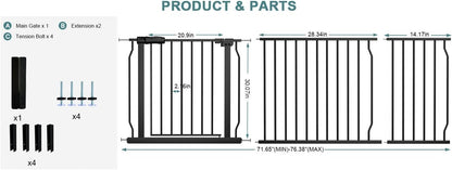 Extra Wide Baby Gate Tension Indoor Safety Gates Black Metal Large Pressure Mounted Pet Gate Walk Through Long Safety Dog Gate for The House Doorways Stairs (62.2"-66.93"/158-170CM, Black)