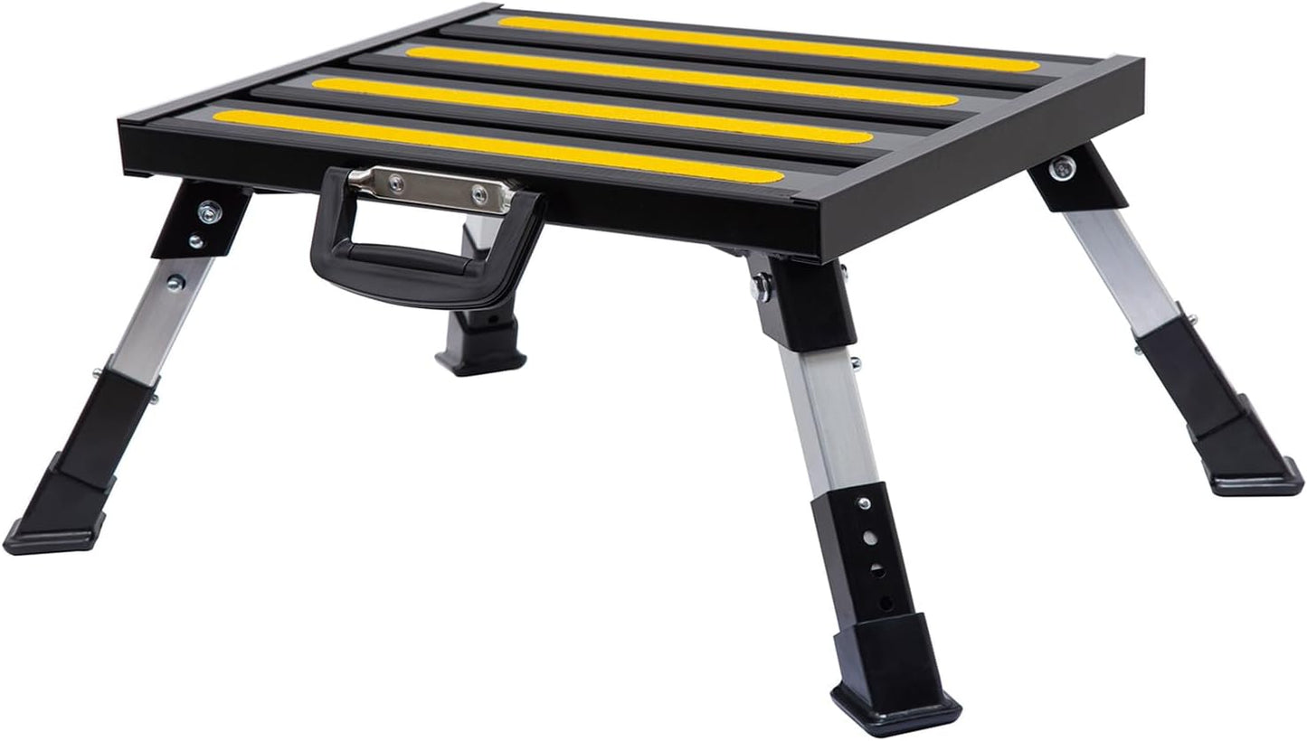 Aluminum RV Steps, 4-Level Adjustable Folding Step Stool with Non-Slip Rubber Feet, Non-Slip Fluorescent Strip Platform Rv Accessories, Supports Up to 1000 lbs - Black