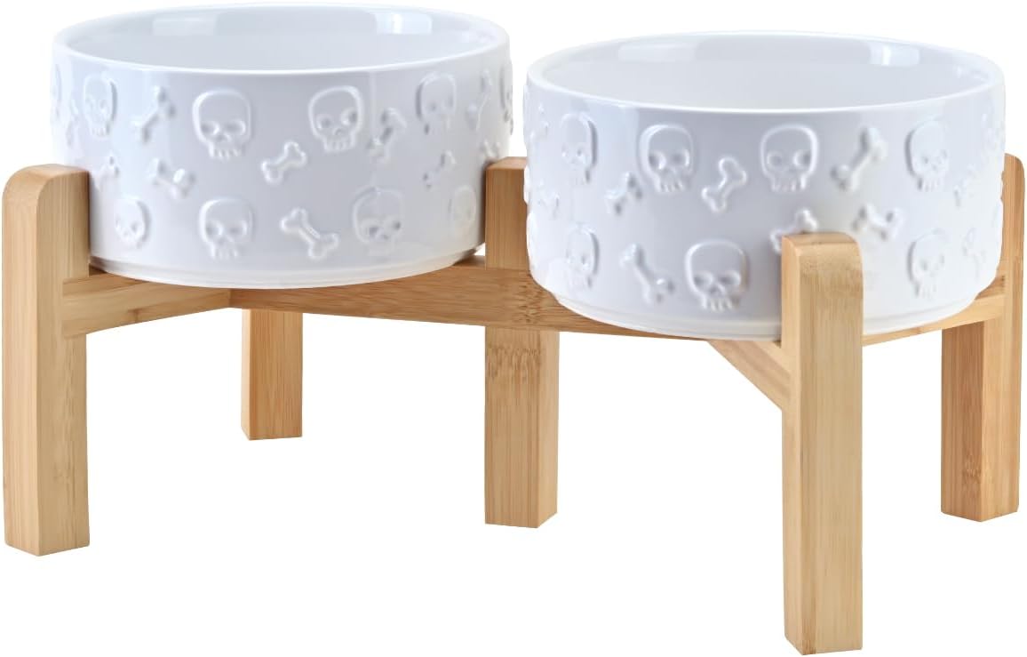 SPUNKYJUNKY Elevated Dog Bowls Ceramic, 6.1'' Dogs and Cat Food Water Bowls Raised with Non-Slip Bamboo Stand for Medium Sized Breed Microwave Dishwasher Safe - 28.7 OZ,Beige