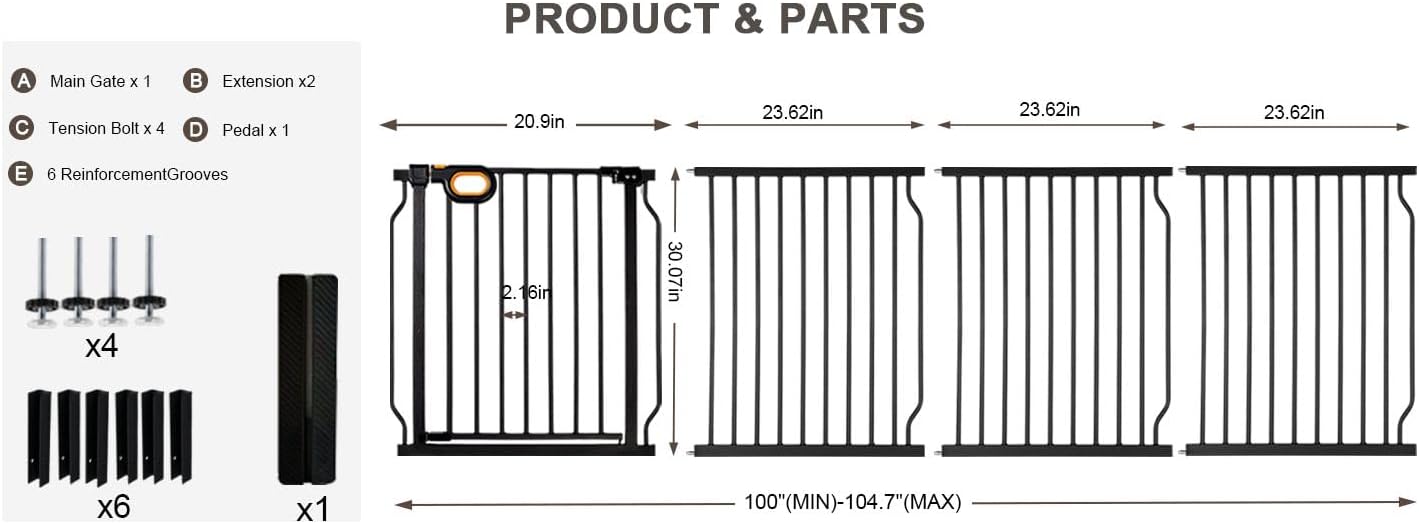 Baby Gates Extra Wide for Doorways 90.6-95.2 Inch Extra Wide Pressure Mounted Baby Dog Gate for the House Indoor Large Openning Metal Safety Gate No Drilling with Walk-Through Door,Black