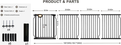 Baby Gates Extra Wide for Doorways 90.6-95.2 Inch Extra Wide Pressure Mounted Baby Dog Gate for the House Indoor Large Openning Metal Safety Gate No Drilling with Walk-Through Door,Black
