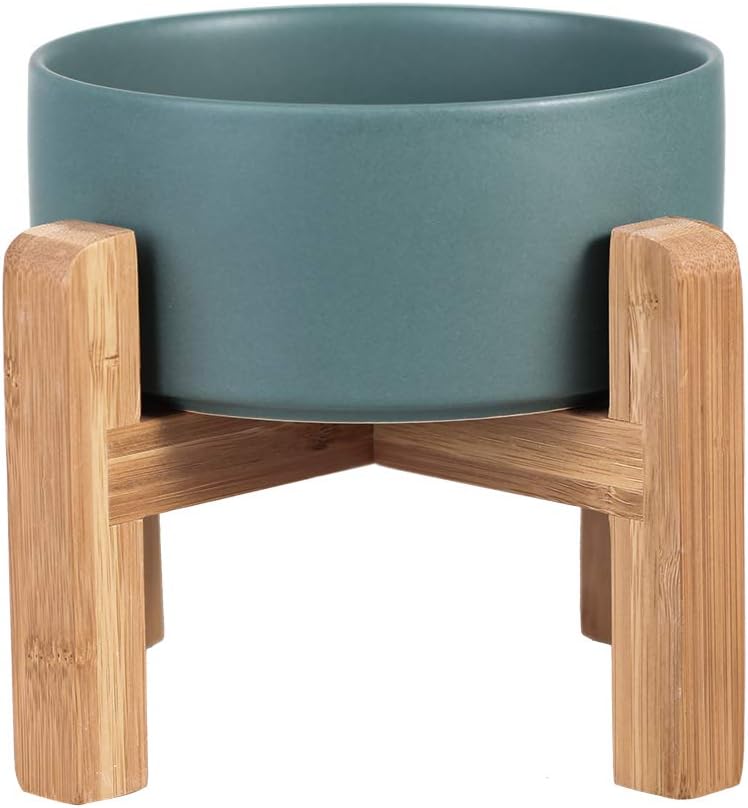 Elevated Ceramic Cat Bowl - Cat Food Bowl with Bamboo Stand - Raised Dog Dish for Puppies - Anti Vomiting, Stress Free - 13.5 oz / 400 ml - White