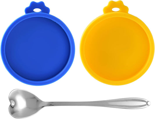 Comtim Cat Food Can Lids, Silicone Pet Food Can Lids Small Cat Food Can Lids Covers for 3 oz Cans, 2 Lids with a Cat Food Spoon