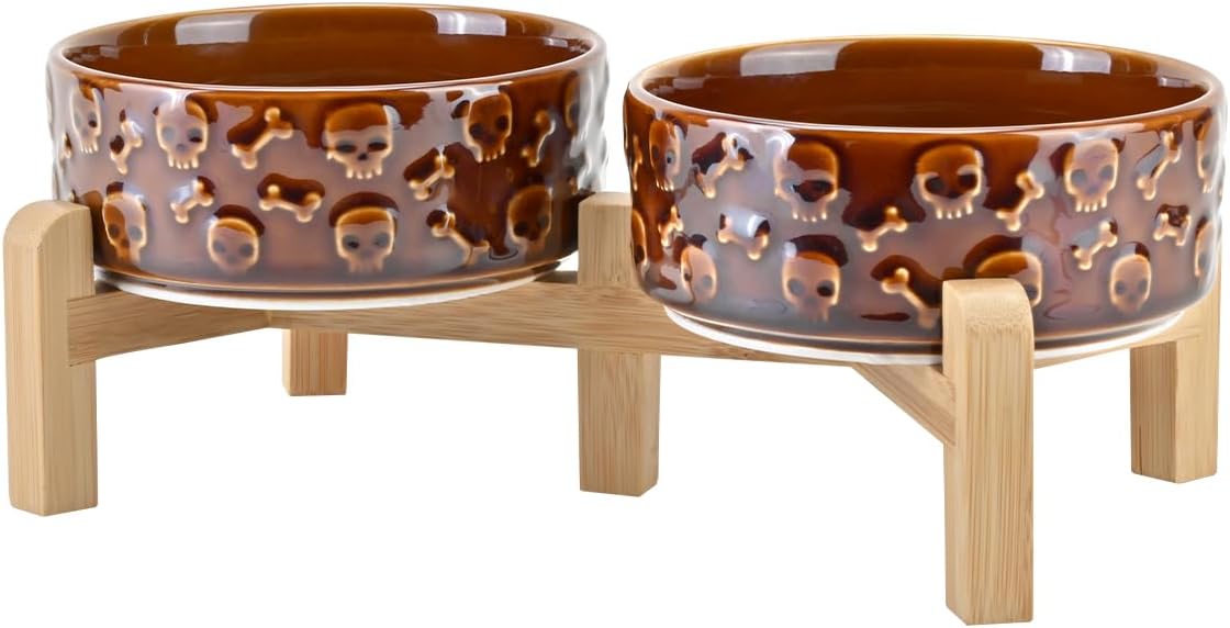 SPUNKYJUNKY Elevated Dog Bowls Ceramic, 6.1'' Dogs and Cat Food Water Bowls Raised with Non-Slip Bamboo Stand for Medium Sized Breed Microwave Dishwasher Safe - 28.7 OZ,Beige