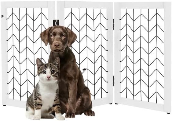 Freestanding Dog Gate - 3-Panel Foldable Indoor Pet Fence - 55x24-Inch Sturdy Metal and Wood Dog Gate - Pet Barrier for Stairs, Hallways, Doorways, or Small Openings by PETMAKER (White)