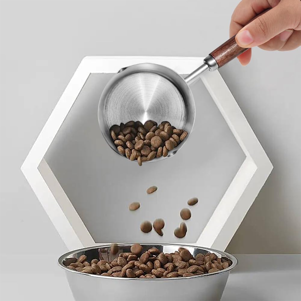 Kichwit Dog Food Scoop, 1 Cup and 1/2 Cup, 304 Stainless Steel Pet Food Scoop Measuring Cup with Wooden Handle, Set of 2