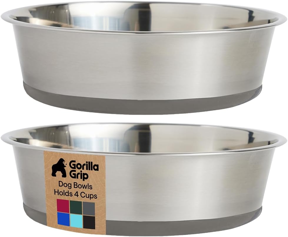 GORILLA GRIP Dog Bowls, Food Grade 304 Stainless Steel, Holds 2 Cups Each (16 fl oz) Food and Water Bowl for Feeding Dogs and Cats, Dishwasher Safe, Rust Resistant, BPA Free Rubber Base Set of 2 Black
