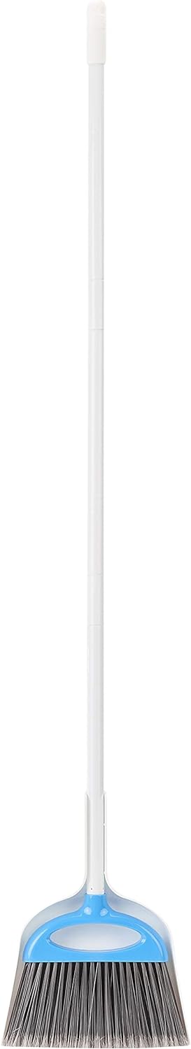 Amazon Basics Dustpan Broom Set with Adjustable Long Handle, Easy to Assemble, Blue and White