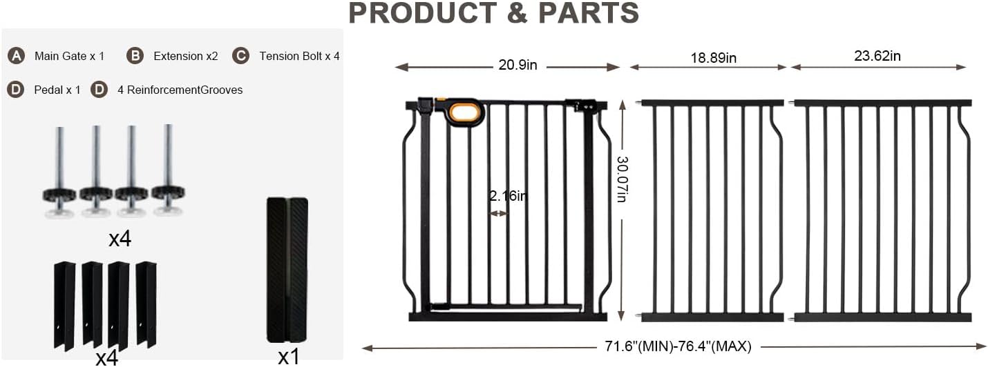 Baby Gates Extra Wide for Doorways 90.6-95.2 Inch Extra Wide Pressure Mounted Baby Dog Gate for the House Indoor Large Openning Metal Safety Gate No Drilling with Walk-Through Door,Black