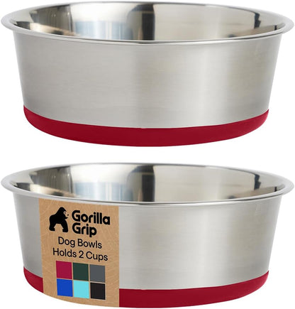 GORILLA GRIP Dog Bowls, Food Grade 304 Stainless Steel, Holds 2 Cups Each (16 fl oz) Food and Water Bowl for Feeding Dogs and Cats, Dishwasher Safe, Rust Resistant, BPA Free Rubber Base Set of 2 Black