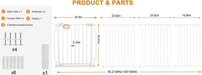 Baby Gates Extra Wide for Large Opennings with Door Pressure Mounted 90.6-95.2 Inch Extra Wide Baby Gate Dog gate for Doorways Indoor Metal Gate No Drilling with Walk-Through Door,White