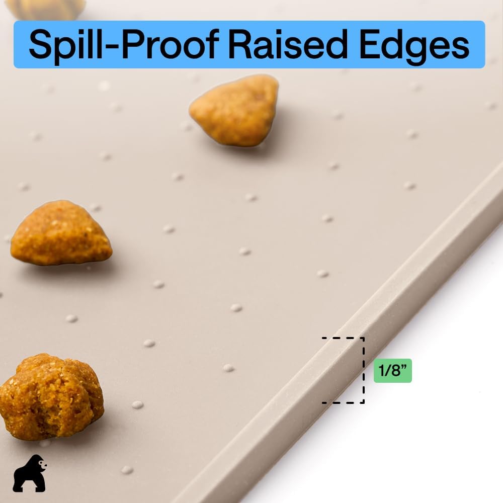 GORILLA GRIP 100% Waterproof Raised Edge BPA Free Silicone Pet Feeding Mat, Dog Cat Food Mats Contain Spills Protects Floors, Placemats for Cats and Dogs Water Bowl, 18.5x11.5, Gray