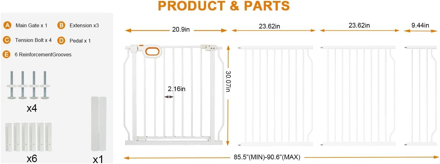 Baby Gates Extra Wide for Large Opennings with Door Pressure Mounted 90.6-95.2 Inch Extra Wide Baby Gate Dog gate for Doorways Indoor Metal Gate No Drilling with Walk-Through Door,White