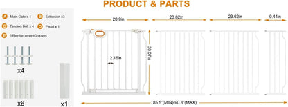Baby Gates Extra Wide for Large Opennings with Door Pressure Mounted 90.6-95.2 Inch Extra Wide Baby Gate Dog gate for Doorways Indoor Metal Gate No Drilling with Walk-Through Door,White