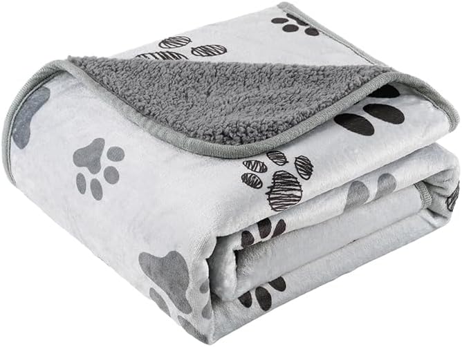 Waterproof Dog Blankets Pet Blanket 50"x60", Soft Fluffy Sofa Car Bed Protector, Reversible Sherpa Fleece Dog Blanket for Large Dogs (Dark Grey-Paws)