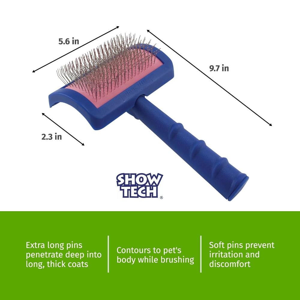 Show Tech Tuffer Than Tangles Slicker Brush for Dog Grooming with Long, Soft Pins, Medium Size, Perfect for Doodle Breeds, Angled Pins for Dematting, Remove Undercoat, Comfort Grip Handle