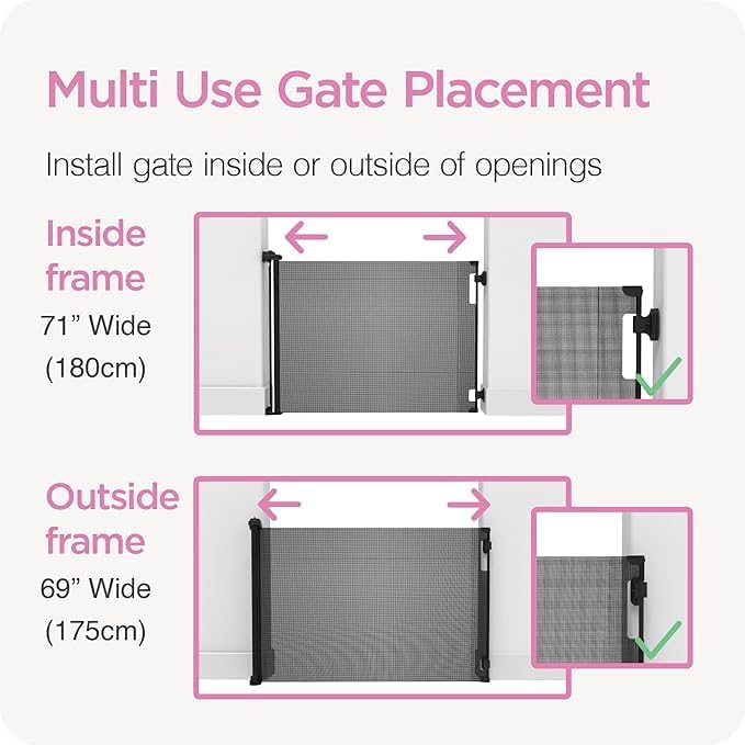 Retractable Baby Gate Perma Child Safety 33" Tall x 55” Wide, Mesh, for Stairs, Doorways, Dogs, Pets, Indoor, Outdoor, One-Handed Operation, Locking, Easy Install, Hardware Mount, Black