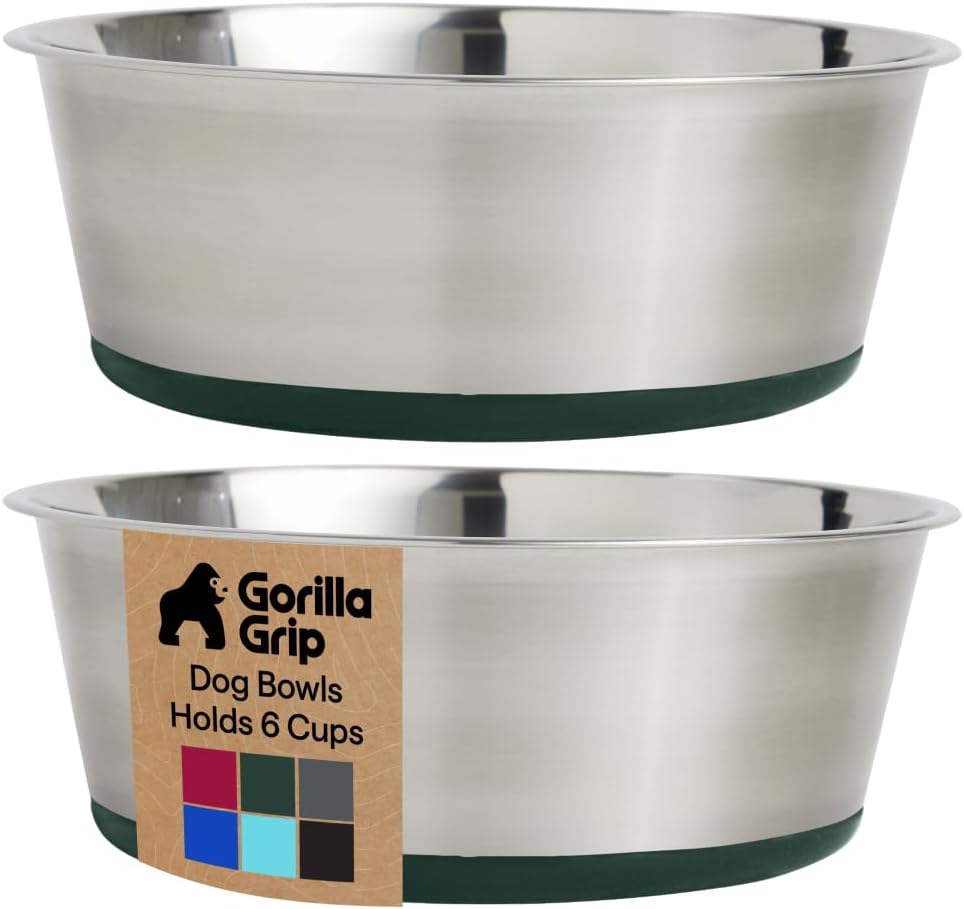 GORILLA GRIP Dog Bowls, Food Grade 304 Stainless Steel, Holds 2 Cups Each (16 fl oz) Food and Water Bowl for Feeding Dogs and Cats, Dishwasher Safe, Rust Resistant, BPA Free Rubber Base Set of 2 Black