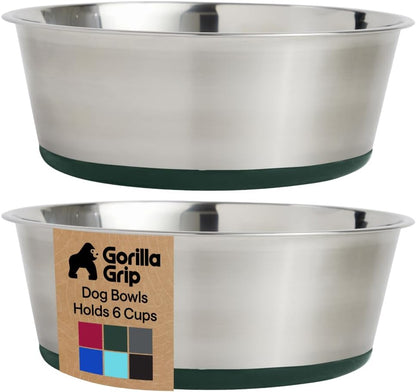 GORILLA GRIP Dog Bowls, Food Grade 304 Stainless Steel, Holds 2 Cups Each (16 fl oz) Food and Water Bowl for Feeding Dogs and Cats, Dishwasher Safe, Rust Resistant, BPA Free Rubber Base Set of 2 Black