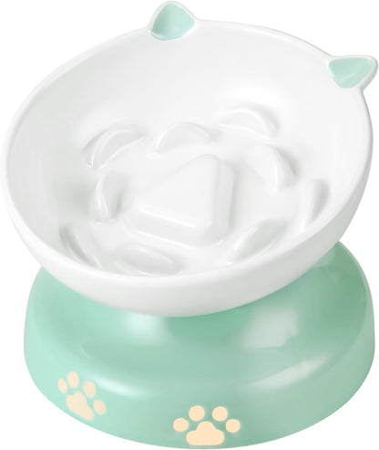 Y YHY Ceramic Cat Slow Feeder, Elevated Dog Food Bowl Tilted Design, Slow Feeder Bowl no Black Chin, Cat Shape for Dry and Wet Food