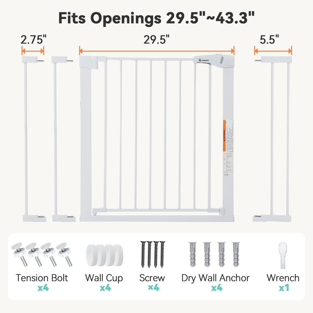 COMOMY 29.5-43.3" Safety Baby Gate Extra Wide, Auto Close Dog Gate for House Doorways Stairs, Pressure Mounted Easy Walk Through Pet Gate Child Gate, Includes 2.75" and 8.25" Extension, Black
