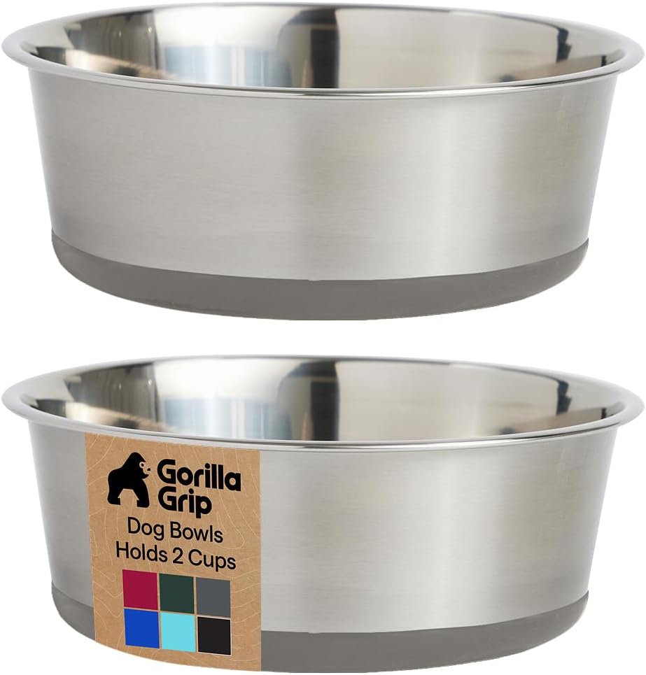 GORILLA GRIP Dog Bowls, Food Grade 304 Stainless Steel, Holds 2 Cups Each (16 fl oz) Food and Water Bowl for Feeding Dogs and Cats, Dishwasher Safe, Rust Resistant, BPA Free Rubber Base Set of 2 Black