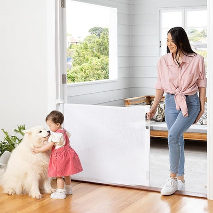 Retractable Baby Gate Perma Child Safety 33" Tall x 55” Wide, Mesh, for Stairs, Doorways, Dogs, Pets, Indoor, Outdoor, One-Handed Operation, Locking, Easy Install, Hardware Mount, Black