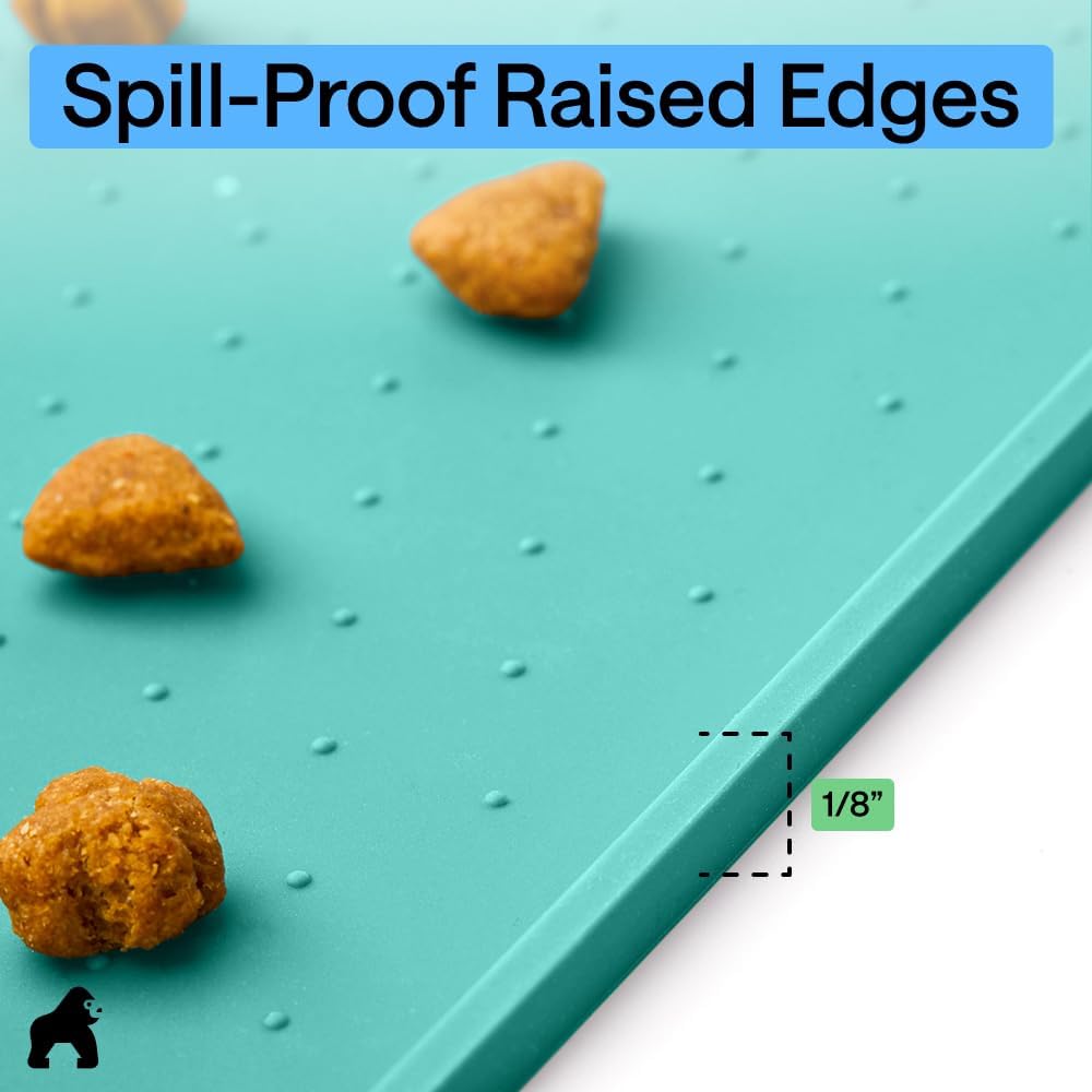 GORILLA GRIP 100% Waterproof Raised Edge BPA Free Silicone Pet Feeding Mat, Dog Cat Food Mats Contain Spills Protects Floors, Placemats for Cats and Dogs Water Bowl, 18.5x11.5, Gray