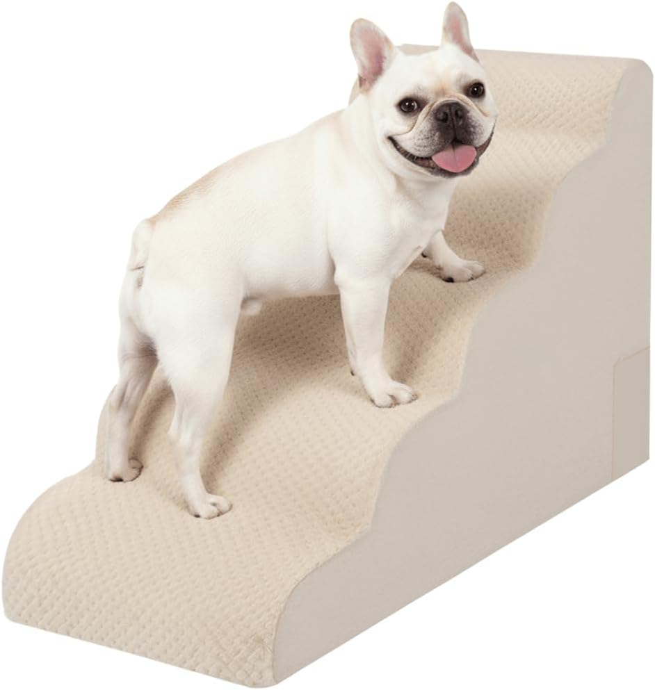 Oiilores Dog Stairs for Small Dogs 15" H, 3-Step Dog Steps Ramp for Couch Sofa and Chair with Anti-Slip Washable Cover and Durable High Density Foam, Pet Stairs for Cats, Grey