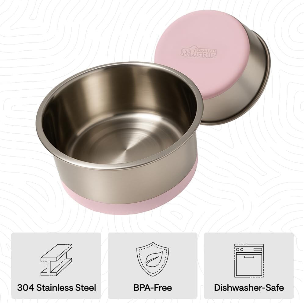 GORILLA GRIP Dog Bowls, Food Grade 304 Stainless Steel, Holds 2 Cups Each (16 fl oz) Food and Water Bowl for Feeding Dogs and Cats, Dishwasher Safe, Rust Resistant, BPA Free Rubber Base Set of 2 Black