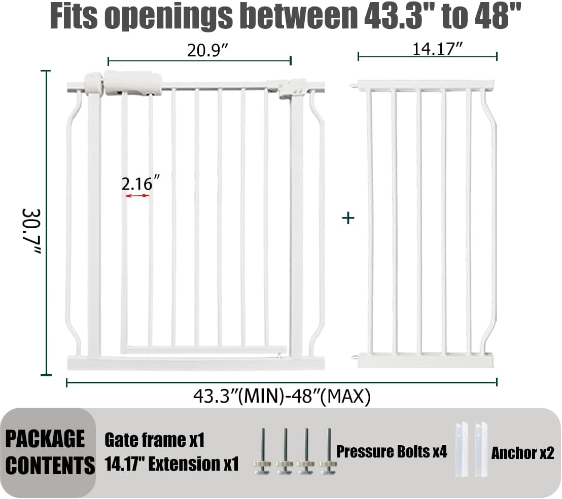 24-29 Inch Narrow Baby Gate, Pressure Mounted No Drilling Dog Gate for Stairs & Doorways, White Metal Safety Gate Indoor for Kids and Pets