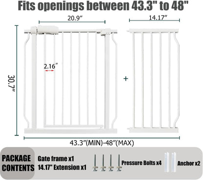 24-29 Inch Narrow Baby Gate, Pressure Mounted No Drilling Dog Gate for Stairs & Doorways, White Metal Safety Gate Indoor for Kids and Pets