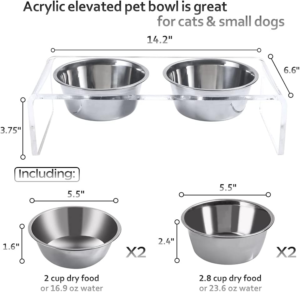 Acrylic Elevated Dog Cat Bowls Pet Feeder Double Bowl Raised Stand Comes with 4 Removable Stainless Steel Bowls. Perfect for Cats Puppies Small Dogs, 3.75 Inch